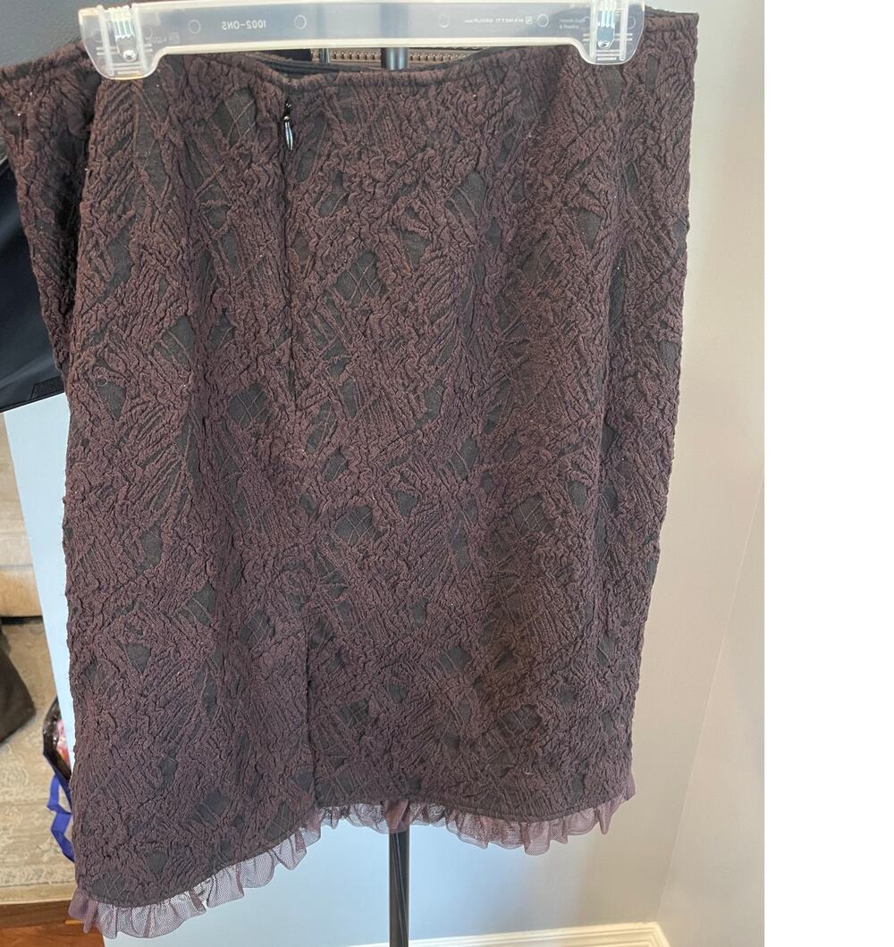 Teri Jon Rickie Freeman Brown Textured Lace Pencil Skirt Mesh Ruffle Hem Size